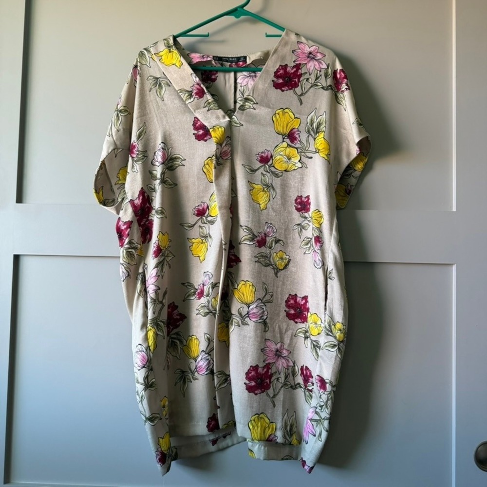 Zara Basic Tunic Blouse Womens Medium Beige Floral V-Neck Oversized Pockets